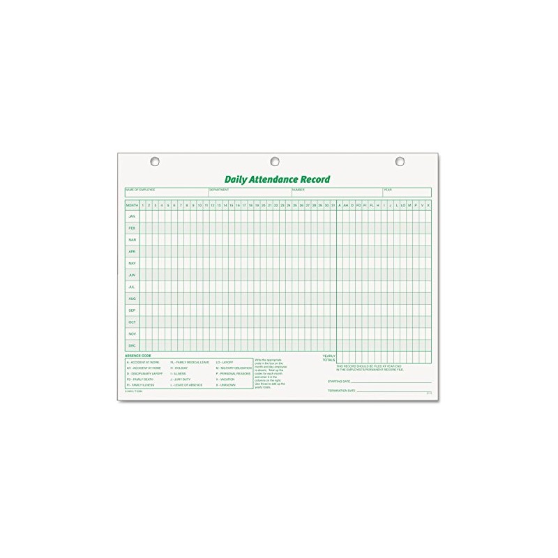 TOPS 3284 Daily Attendance Card, 8 1/2 x 11, Green;
