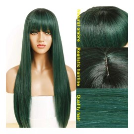 Fugady Peluca Verde Ombre Fugady Con Flequillo Pelucas Rectas Larga
