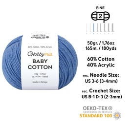 HobbyMia Baby Cotton Yarn for Crocheting - 50g / 180yds - (2) Fine, Sport Weight Yarn - Soft Amigurumi Yarn for Crochet Thread - 60% Cotton & 40% Acrylic (Denim Blue, 1 Ball)