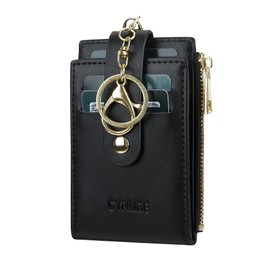 Cynure Women & Men Leather RFID Blocking Card Holder Slim Small Zipper Keychain Front Pocket Wallet with 2 ID Window, 1-plain black