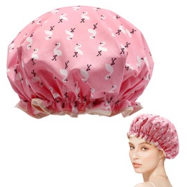Shower Cap for Women, Elastic Band Waterproof Plastic Shower Cap, Double Layers Reusable With Ruffled Edge Covering Ears for Long, Short and Curly Hair (Pink Bird)