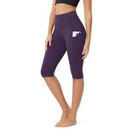 ODODOS Women's Knee Length High Waisted Yoga Capri Leggings with Pockets, Workout Running Sports Athletic Yoga Capris, Deep Purple, Medium