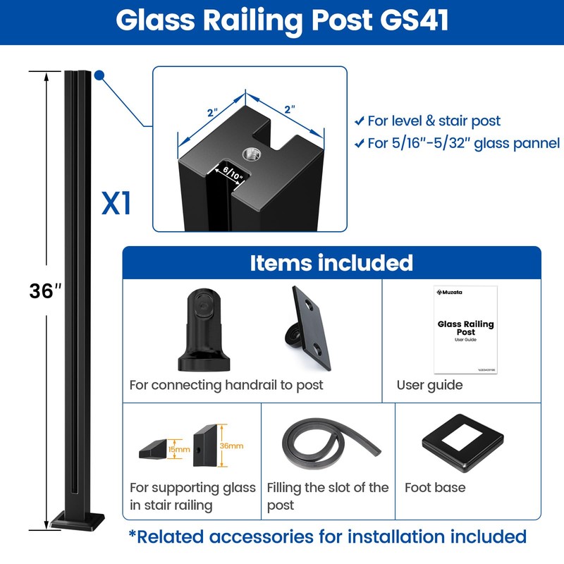 [Patent]Muzata 1Pack 36"x2"x2" Black Glass Railing Post for Level or
