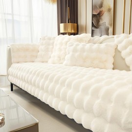 ZenDen Thick Rabbit Plush Sofa Cover 1 2 3 Seater Couch Covers, Fluffy Faux Fur Corner Non-Slip Sofa Cushion Cover L Shape Furniture Protector for Living Room (Cream, 70x150cm)