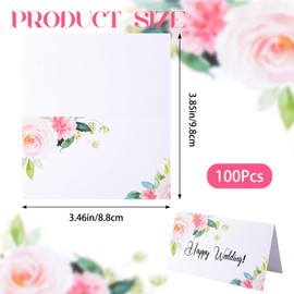 URROMA Table Place Cards 100 Pieces Wedding Seat Folding Cards Pink Flower and Green Leaf Place Cards Blank Table Tent Cards for Wedding