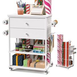 𝗬𝘂𝗺𝗸𝗳𝗼𝗶 Wrapping Paper Storage Cart, Rolling Gift Wrap Station with Ribbon and Gift Bag Storage, Wrapping Paper Organizer Holder, Craft Organizers and Storage