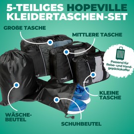 HOPEVILLE Kleidertaschen-Set 5-teilig, mit 3 Koffertaschen - PLUS einem Wäschebeutel und einem Schuhbeutel, Premium Packing Cubes für perfekt organisiertes Reisegepäck (Schwarz)