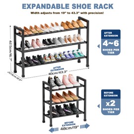 Mavivegue 3 Tier Expandable Shoe Rack for Closet, 19“- 43” Adjustable Shoe Rack for Entryway, Shoe Shelf, Black