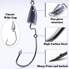 FishTrip Bullet Jig Head Weighted Hooks,10pcs Texas Rigs EWG Hooks for Bass Fishing Saltwater 1/8 oz