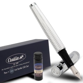 Conklin Herringbone Signature Fountain Pen Silver Medium Nib + Free 15ml Ink Bottle – Executive Gift Fountain Pen for Holidays, Office, Writing