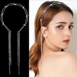 AHONEY Silver Headpiece Rhinestone Crystal Headband Head Chain Tassel Band Hair Elegant Vintage Decorative Weding Prom Disco Hair Accessories for Women and Girls (Cross)