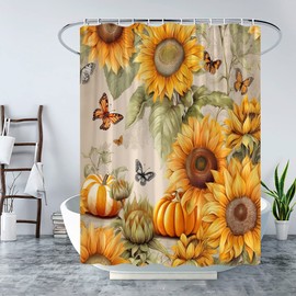 WZFashion Sunflower Pumpkin Shower Curtain Fall Autumn Thanksgiving Harvest Vintage Rustic Retro Floal Farmhouse Country Spring Plant Festival Watercolor Holiday Fabric Bath Curtain Set with Hook