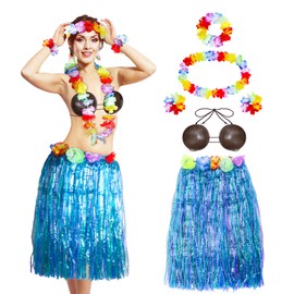 6 Pcs Hawaiian Coconut Bra and Grass Skirt Set for Women, Summer Luau Party Outfits Hula Skirt Coconut Bikini Top Costume with Wreath Necklaces Headband Wristbands for Beach Party Halloween Costume