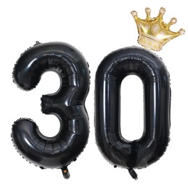 40 Inch Black Number 30 Balloons With Crown, 30th Birthday Balloons for Men and Women, 30th Birthday Decorations, Wedding Anniversar Celebration Decoration Balloons. (Black)
