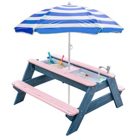 VYOMAMA Kids 3-in-1 Sand & Water Table, Wood Outdoor Convertible Picnic Table with Umbrella, 2 Trays, Removable Top with Faucet, Picnic for Outdoor (Pink/Navy)