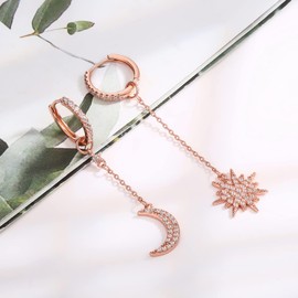 JIANGYUE Sun and Star Chain Tassel Dangle Drop Hoop Earrings for Women with Asymmetric Cubic Zirconia Huggie Earring Jewelry Gifts for Mom