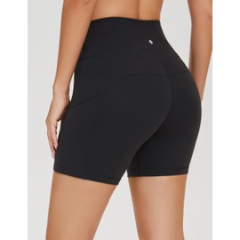 AGONVIN Women's High Waist Breathable Crossover Yoga Biker Shorts with Pockets, black