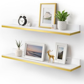 Gronda Floating Shelves for Wall with Ledge,White and Gold Picture Ledge Shelf Floating Shelves with Lip, 23.6 Inch Long Storage Shelves Wall Mounted for Bathroom Kitchen Bedroom Shelf Decor,Set of 2