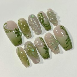 24Pcs Green French Press on Nails with 3D Vine Gradient Pearl Design False Nails French Nails Tips Leaves Floral Press on Handmade Full Cover Glossy Reusable DIY Nails for Women&Girl