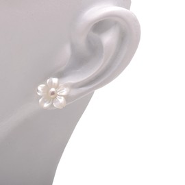 Freshwater Cultured Pearl Studs Hand Carved Shell Flower Earrings for Women, White