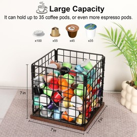 CAPHONT Coffee Pod Holder Basket, Coffee Holder Organizer with Wooden Base Sturdy Coffees Pod Holder Organizer for Kitchen Counter and Office Desktop (Square Grid)