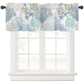 Coral Valance for Windows Starfish Seashell Curtains Valances Blue Ocean Coastal Short Curtains Rod Pocket Window Treatment for Kitchen Living Room Bedroom Bathroom Summer Beach Decor 1 Panel 42x12