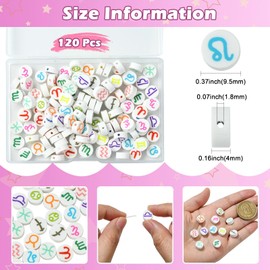 Ipotkitt - 120 abalorio de arcilla polimérica de 12 estilos de 12 abalorio de constelación redondas planas con signo del zodiaco de color blanco, abalorio espaciadoras de dibujos animados, abalorio