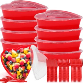 Newtay 8 Sets Valentine's Day Heart Shaped Storage Containers 17 oz Plastic Heart Box with Lids Food Containers Dessert Cups Disposable Spoons Forks Knives for Party Wedding Supplies