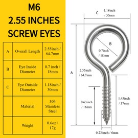 M6 304 Stainless Steel Eye Hooks Screw, 2.55 Inch Eye Bolt Eye Screws Heavy Duty Screw Eye Pins, Load Bearing 200LBS for Wood Securing Cables Wire Indoor & Outdoor Use (8pcs)
