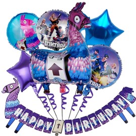 SSKHE 6 x Video Game Foil Balloons, Cartoon, 1 x Large Happy Birthday Banner, Game Theme Party Decorations, Birthday Party Supplies for Birthday Party Decoration