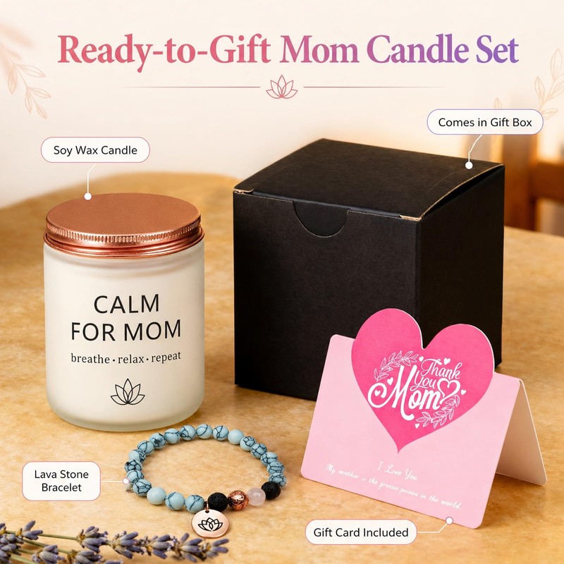 Gifts for Mom, Calm Candle and Stretch Lava Stone Bracelet