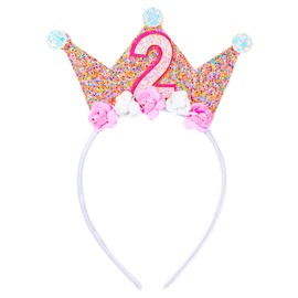 Bremorou 3rd Birthday Girl Headband Birthday Crown Headbands For Toddlers Girls Birthday Crown Glitter Birthday Girl Tiara Flower Princess Tiara Hair Accessory 3rd Birthday Decorations For Girl (2th)