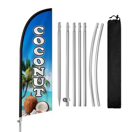 QSUM Coconut Signs for Business, 8FT Coconut Feather Flag Banner, Polyester Advertising Swooper Flag with Aluminium Allo Pole Kit, Stainless Steel, Ground Spike, Portable Bag