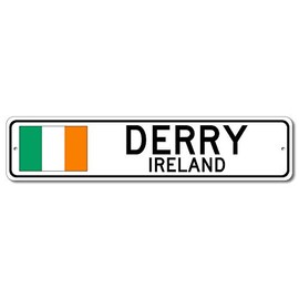 Derry, Ireland - Irish Flag Street Sign - Metal Novelty Sign, Gift Sign, Man Cave Street Sign, Ireland City Sign, Irish Pub and Bar Wall Decor, Made in USA - 4x18 inches