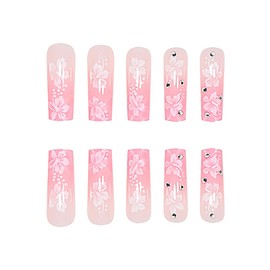 Flower Press on Nails Square, Pink Hibiscus Fake Nails Long Press on Pink White Hibiscus Nail Tips Full Cover False Nails with Hawaiian Flower Design Summer Acrylic Nails Kit for Women Girls 24PCS