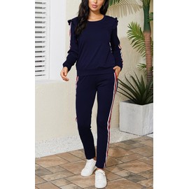 Akmipoem Conjunto de 2 piezas para mujer, sudadera y pantalones de manga con volantes, Azul, XXL