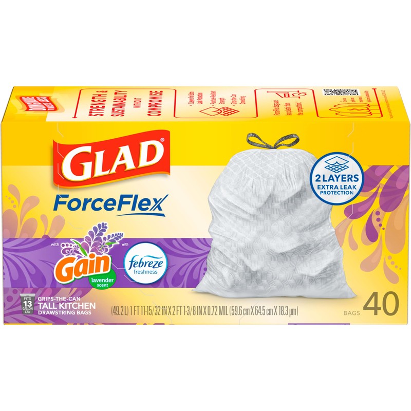 Glad ForceFlex Tall Kitchen Trash Bags, 13 Gal, Gain Lavender