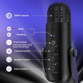 oolong USB Microphone, PC Computer Gaming Streaming Mic with RGB Light, Plug & Play Gaming Microphones for PS 4&5 Headphone Output & Volume Control, Mic Gain Control, Mute Button Vocal (Black)
