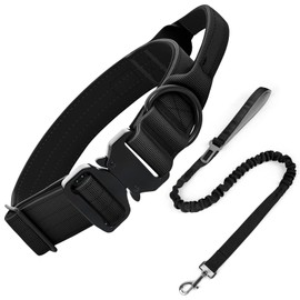 Ledeak Tactical Dog Collar, Soft Padded Pet Collar with Heavy Duty Agle Beak Metal Buckle, Nylon Adjustable Military Dog Collars with Handle for Medium Large Dogs (Dog Collar+Dog Leash Black, L)