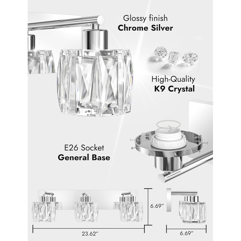 VOLISUN Crystal Vanity Lights - 3 Light Modern Stainless Steel