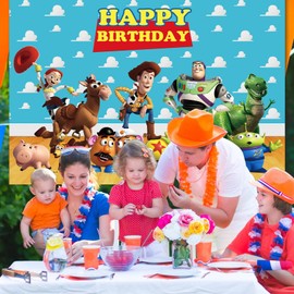 Story Birthday Photography Backdrop, 5x3FT Happy Birthday Party Backdrop Toy Banner Decorations Cartoon Theme Party Photo Booth Banner for Kid Party Supplies Photography Background Wedding Photo Props