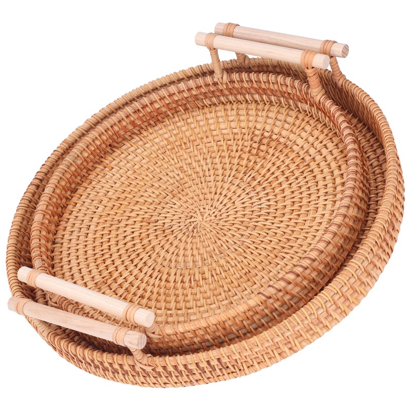 2PCS Hand Woven Rattan Tray Round Serving Tray Tea Fruit