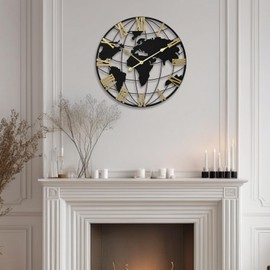 24 Inch Large Metal World Map Wall Clock Modern Minimalist Design, Silent Non-Ticking Mechanism, Battery Operated Timepiece for Living Room, Home, Kitchen, Bedroom, Office, and Farmhouse Decor