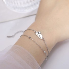 unift Layered Bracelet For Women Girls Recumbent Cat Double Chain Bracelet Stainless Steel Cute Cat Pendant Double Layer Bracelet Jewelry Gifts For Cat Lover, no gemstone, silver
