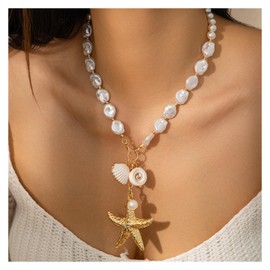 KYHNG Gold Big Starfish Pendant Necklace Summer Beach Shell Bead Clavicle Necklace Bikini Metal Conch Seashell Chest Chain Jewelry for Women