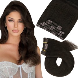 Moresoo Clip Extensions, Real Hair Brown Remy, Darkest Brown Hair Extensions, Real Hair Clip, Brown Straight Double Wefts, 5 Wefts, 80g, 35 cm, #2