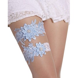 Wedding Garters for Bride Bridal Lace Garter Set with Rhainestone Pearls (Sky Blue, M)