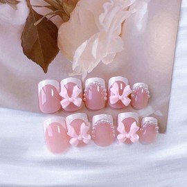 White French Tip Press on Nails Short Square Pink Fake Nails with 3D Bow Pearl Designs Cute False Nails Press Ons Acrylic Glue on Nails Full Cover Stick on Nails for Women Girls 24PCS DIY Manicure