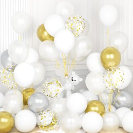 White Gold Silver Balloons, Ousuga 30 pcs 12 Inch Matte Pearl White Metallic Gold Silver Confetti Latex Balloons Set for Girls Boys Birthday Baby Shower Wedding Graduation Engagement Party Decorations