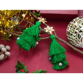 Lightweight Christmas Tree Tassel Beaded Earrings, Bohemian Dangle Drop Green Earrings, Twined with Colored Beads Earring for Women